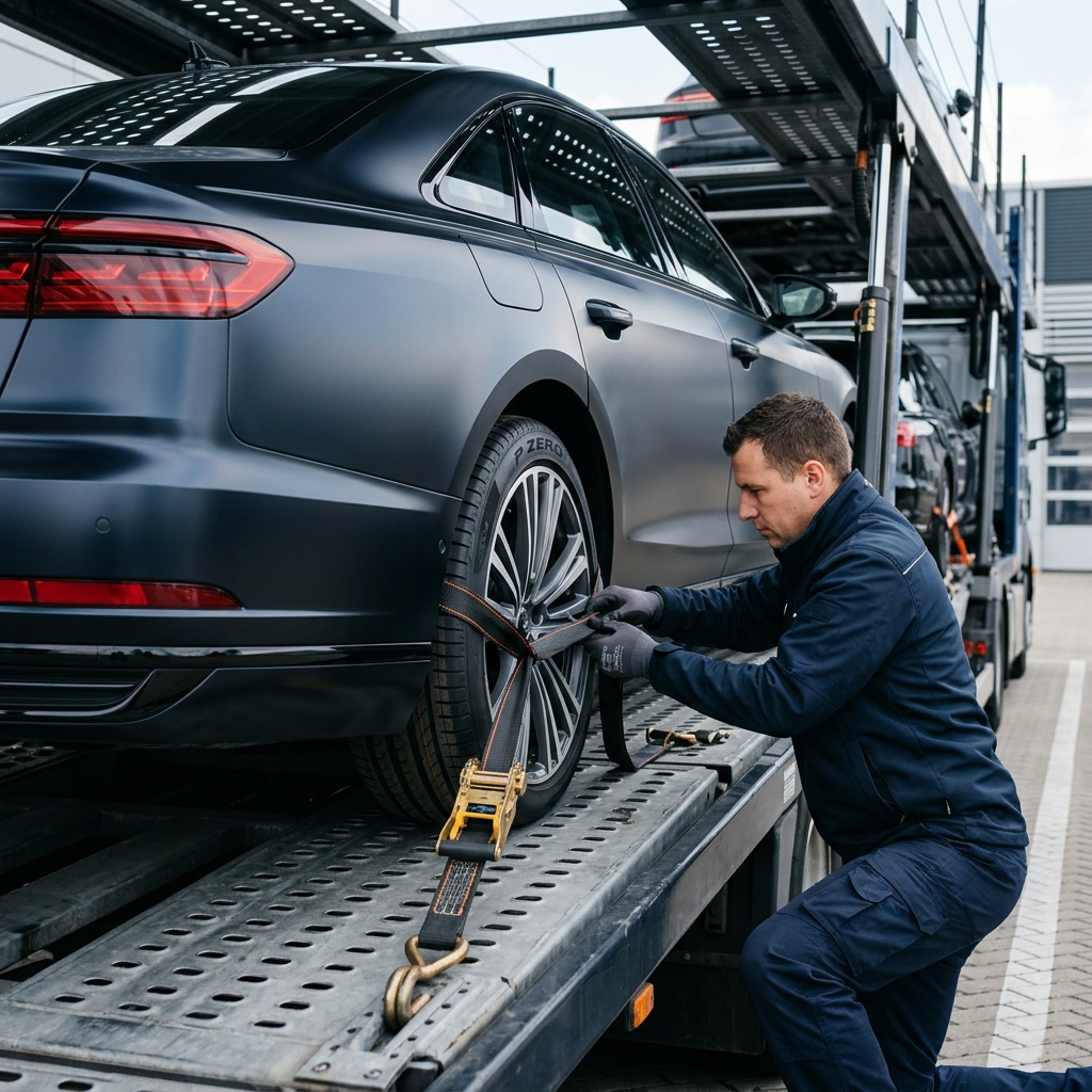 Professioneel autotransport - voertuig wordt zorgvuldig geladen