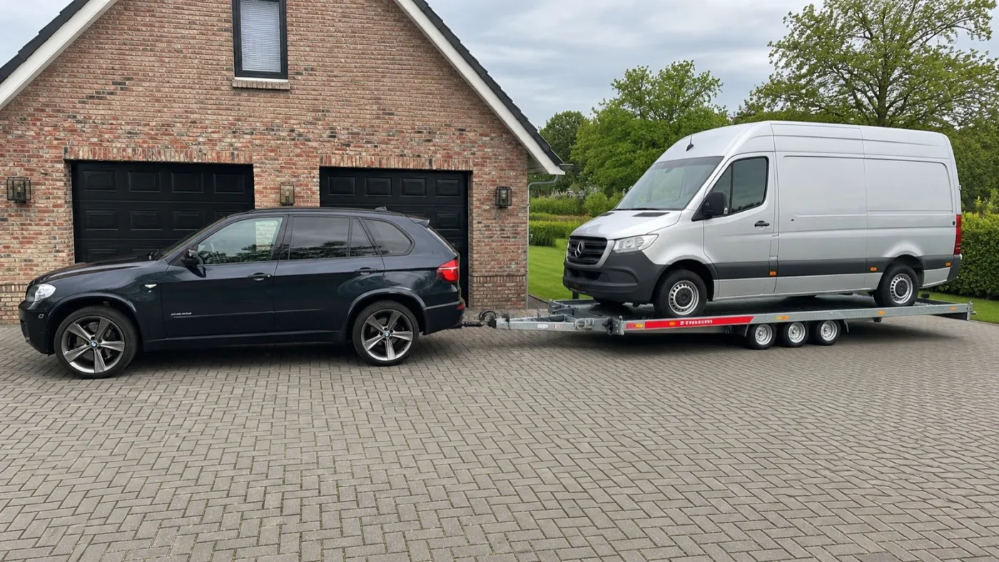 BMW X5 met Mercedes Sprinter op open transporttrailer — dealer autotransport Zorgeloos Autotransport